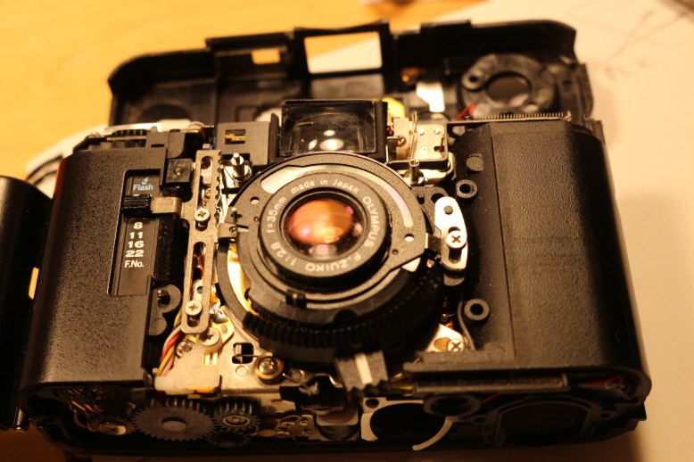 The Olympus XA with several panels removed